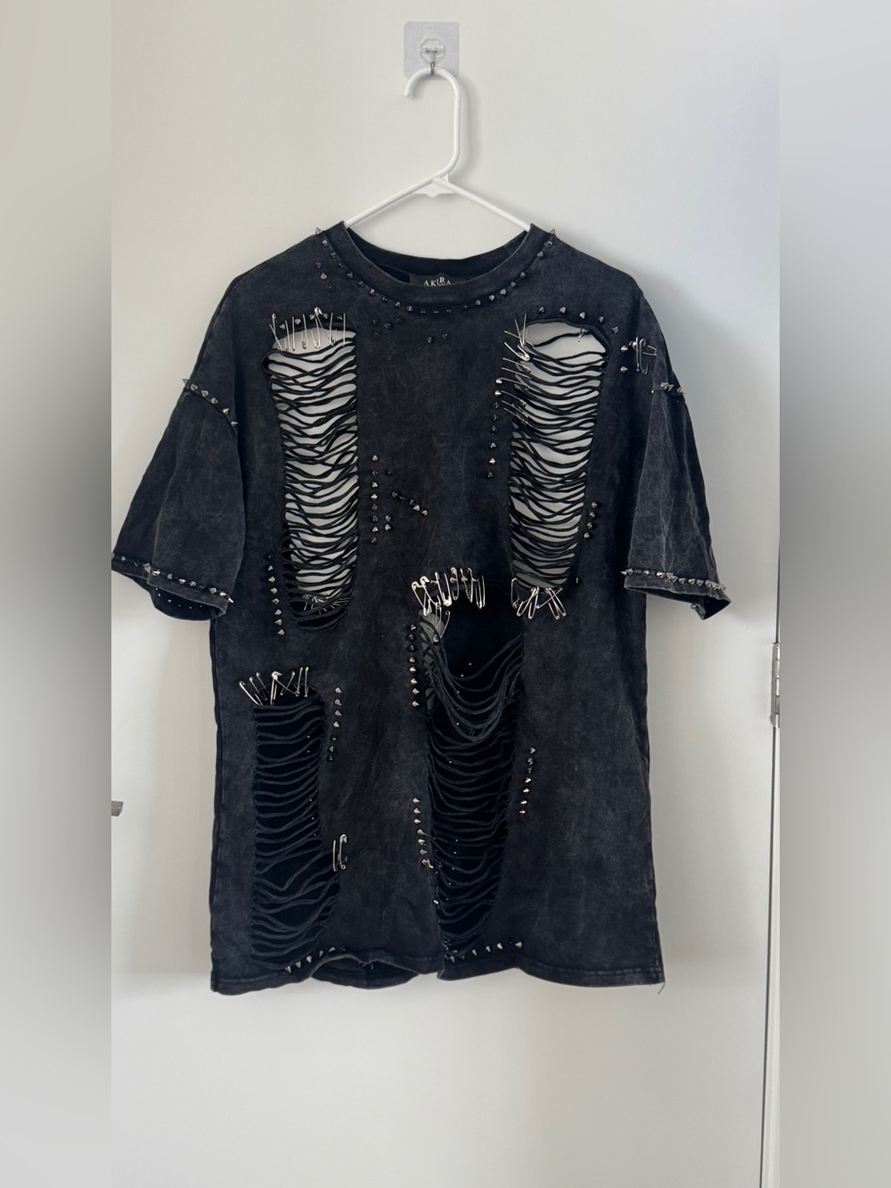 Black Distressed Safety-Pin Accent Tee Size S